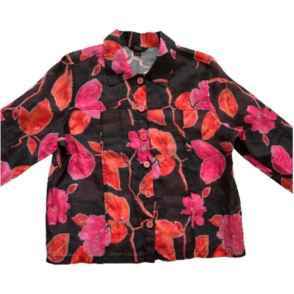Toni Morgan Blouse Top Black Pink Orange Floral 3/4 Sleeve Button Front Large - Picture 8 of 11